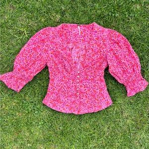 Free People Pink Floral Long Puffy Sleeve Blouse XS